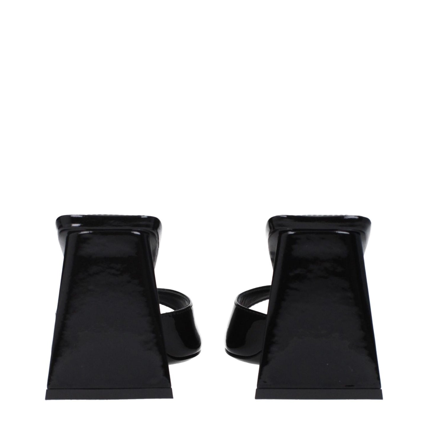 The Attico Black Leather Stiletto Heel Sandals with open toe and mid heels, crafted in patent leather, heel view.