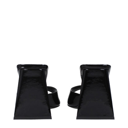 The Attico Black Leather Stiletto Heel Sandals with open toe and mid heels, crafted in patent leather, heel view.