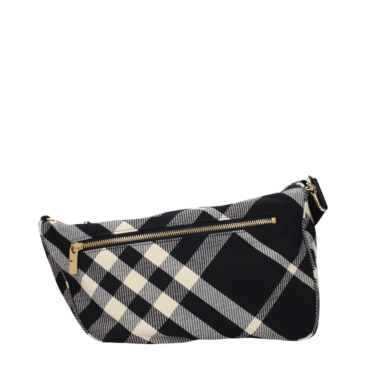 Burberry Black Fabric Crossbody Bag with check print, zip closure, and adjustable shoulder strap, medium size, stylish and functional.