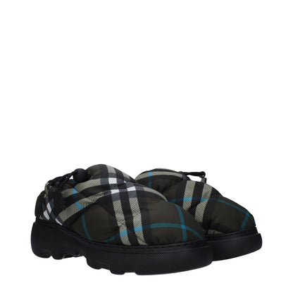 Burberry Green Fabric Slip-On Loafers with check pattern and drawstring closure, rubber sole, round toe, and mid heels.