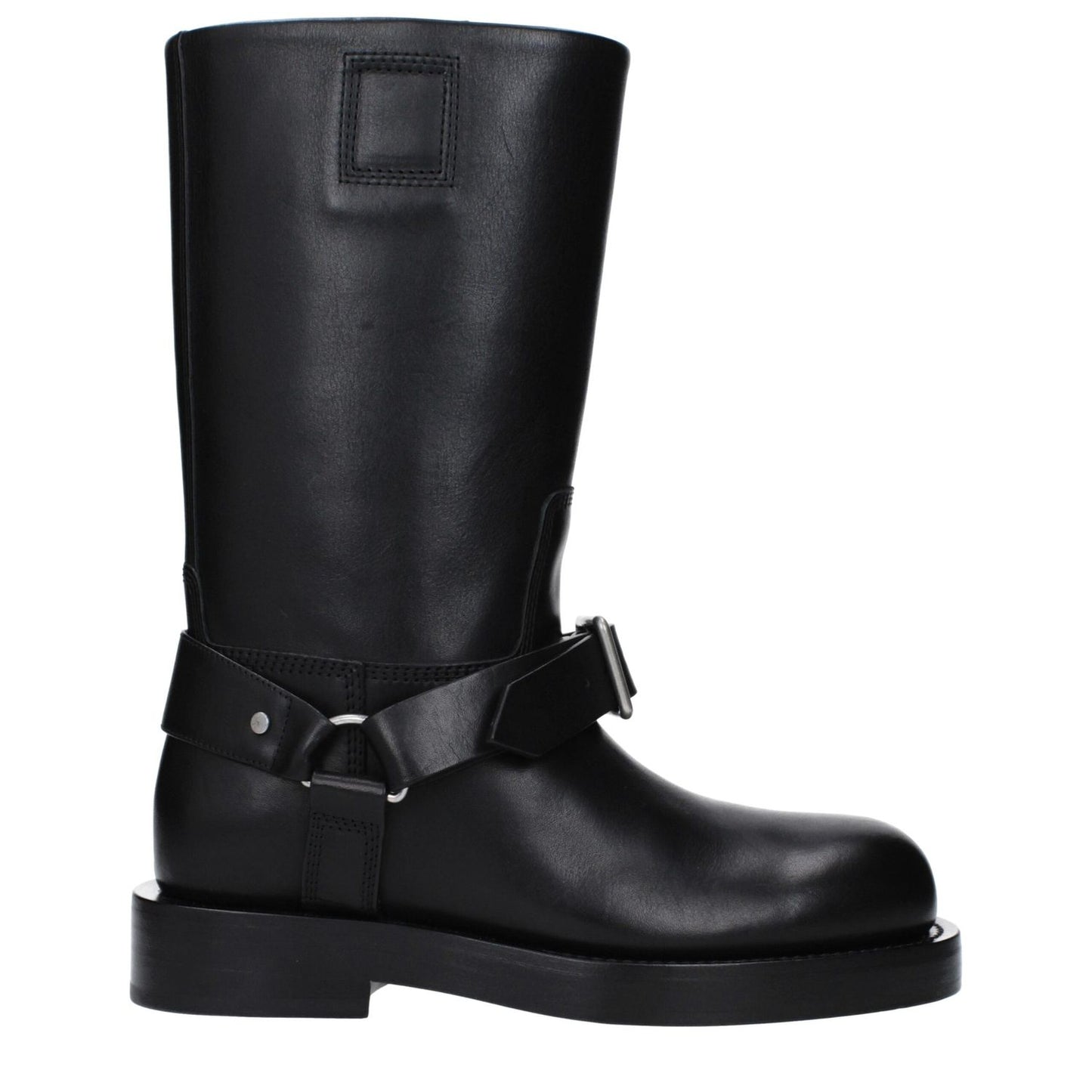Burberry Black Leather Boots featuring mid heels, buckle closure, and round toe design with a leather sole, style number 8077392.
