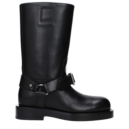 Burberry Black Leather Boots featuring mid heels, buckle closure, and round toe design with a leather sole, style number 8077392.