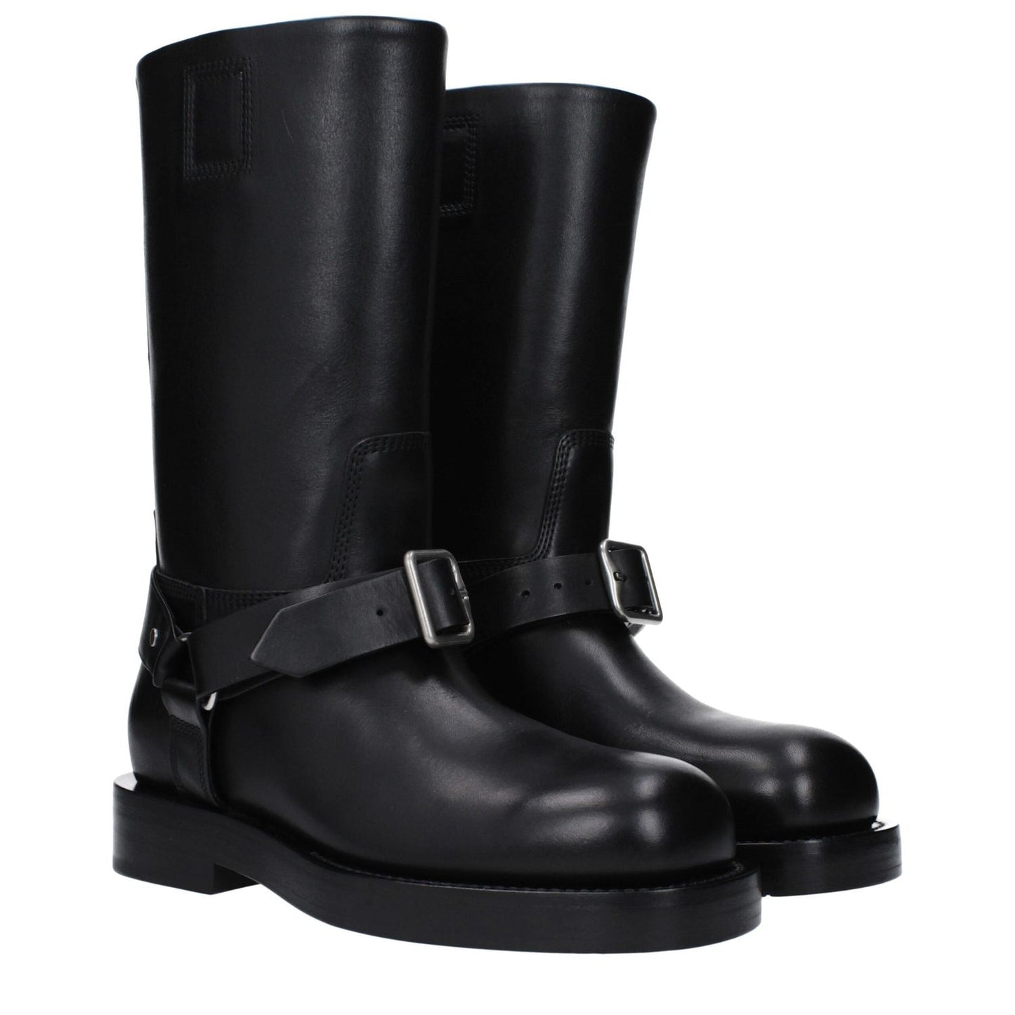 Burberry Black Leather Boots with buckle closure, mid heel, round toe, and leather sole. Casual leather boots, MPN 8077392.