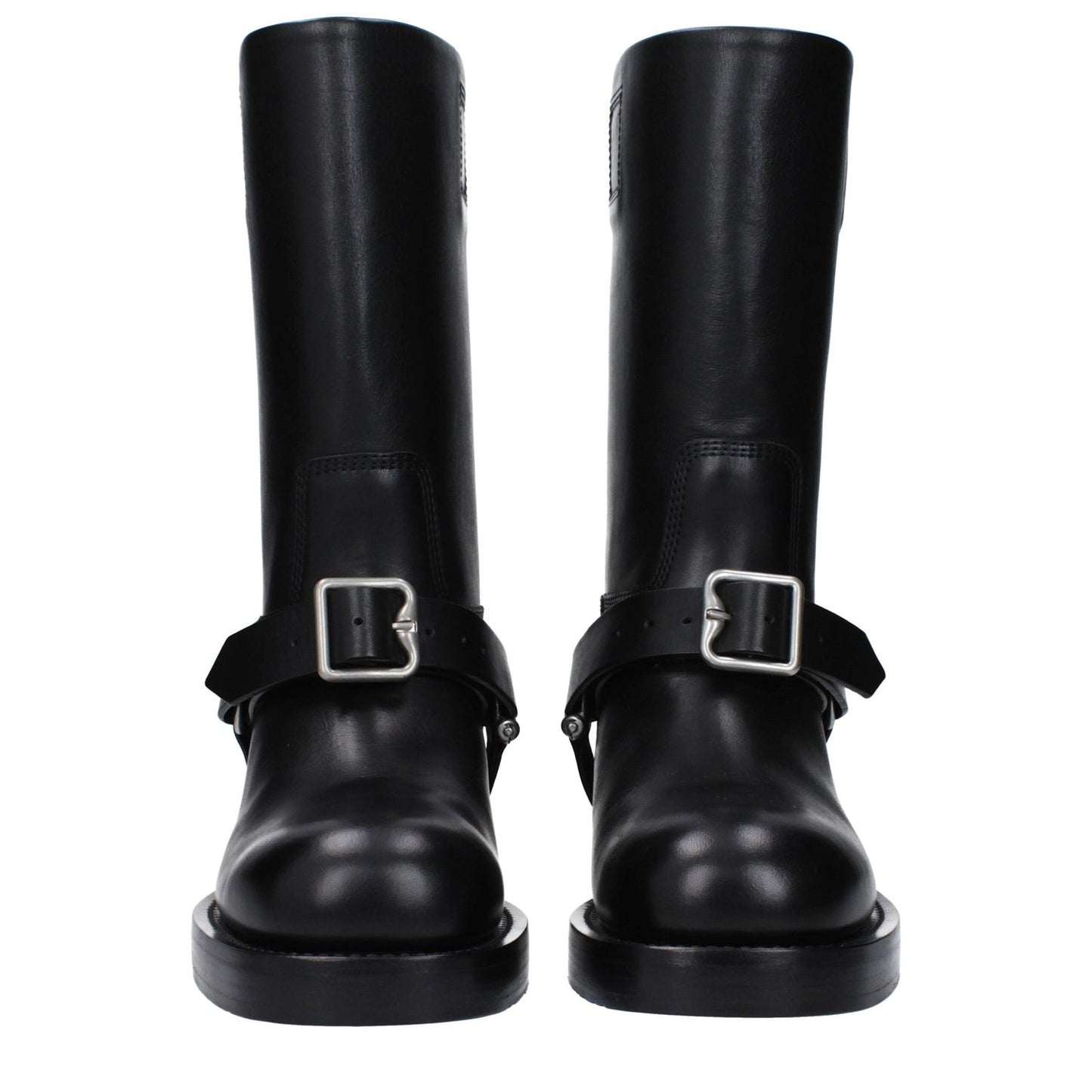 Burberry Black Leather Boots with buckle closure, round toe, and mid heels. Casual style designed with a 3.5 cm heel height.