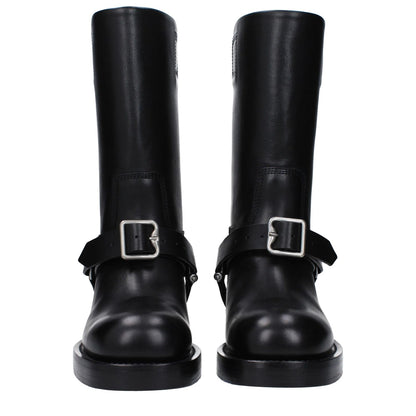 Burberry Black Leather Boots with buckle closure, round toe, and mid heels. Casual style designed with a 3.5 cm heel height.