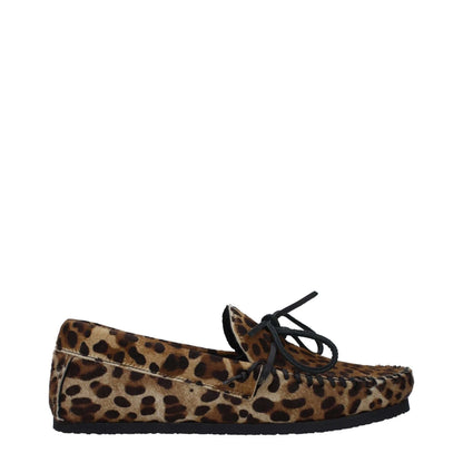 Isabel Marant Brown Horsehair Slip-On Loafers with leopard accent, round toe, and low flat heel. Casual style with rubber sole.