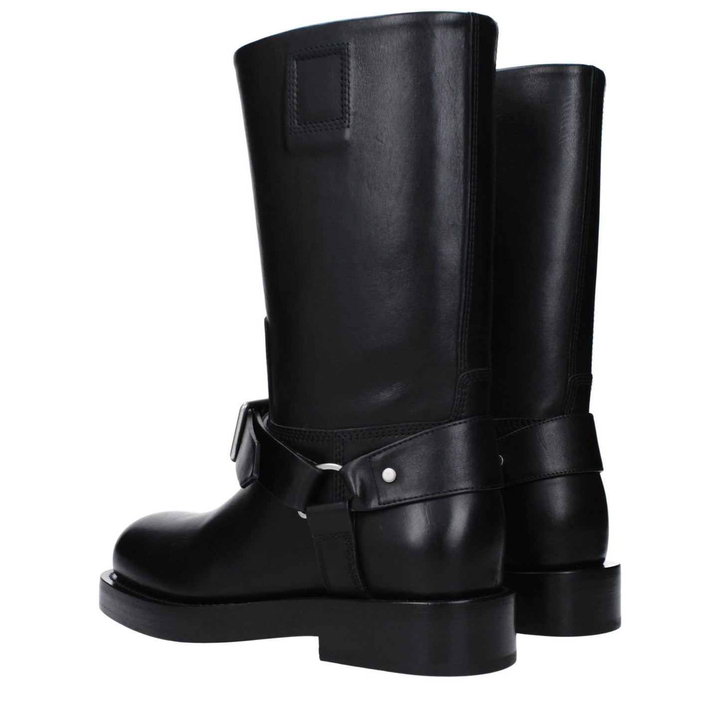 Burberry Black Leather Boots with buckle closure, mid heels, and round toe, featuring leather sole. MPN 8077392. Casual style.