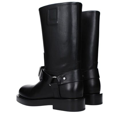 Burberry Black Leather Boots with buckle closure, mid heels, and round toe, featuring leather sole. MPN 8077392. Casual style.
