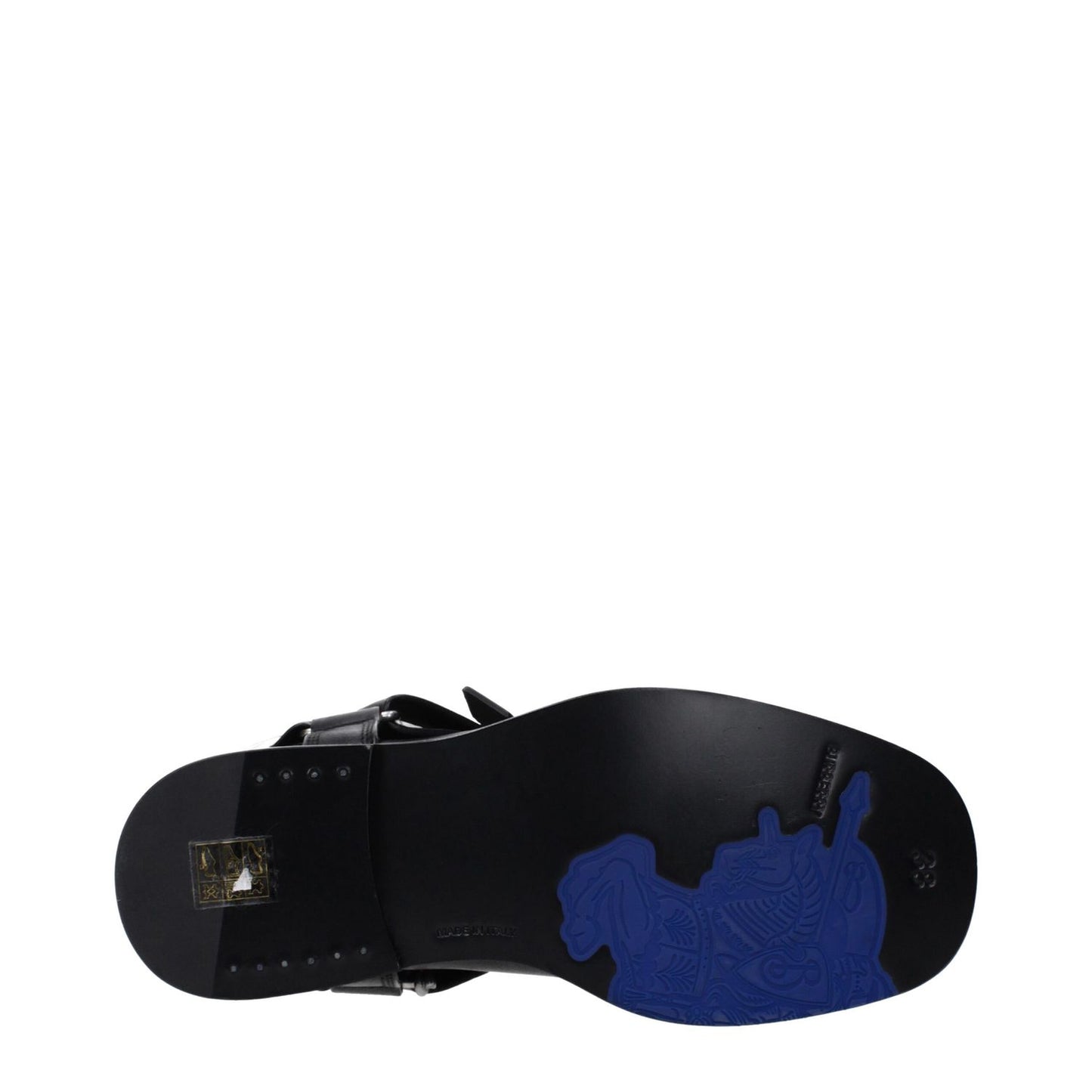 Sole view of Burberry Black Leather Boots with buckle closure, featuring a unique design and leather sole.