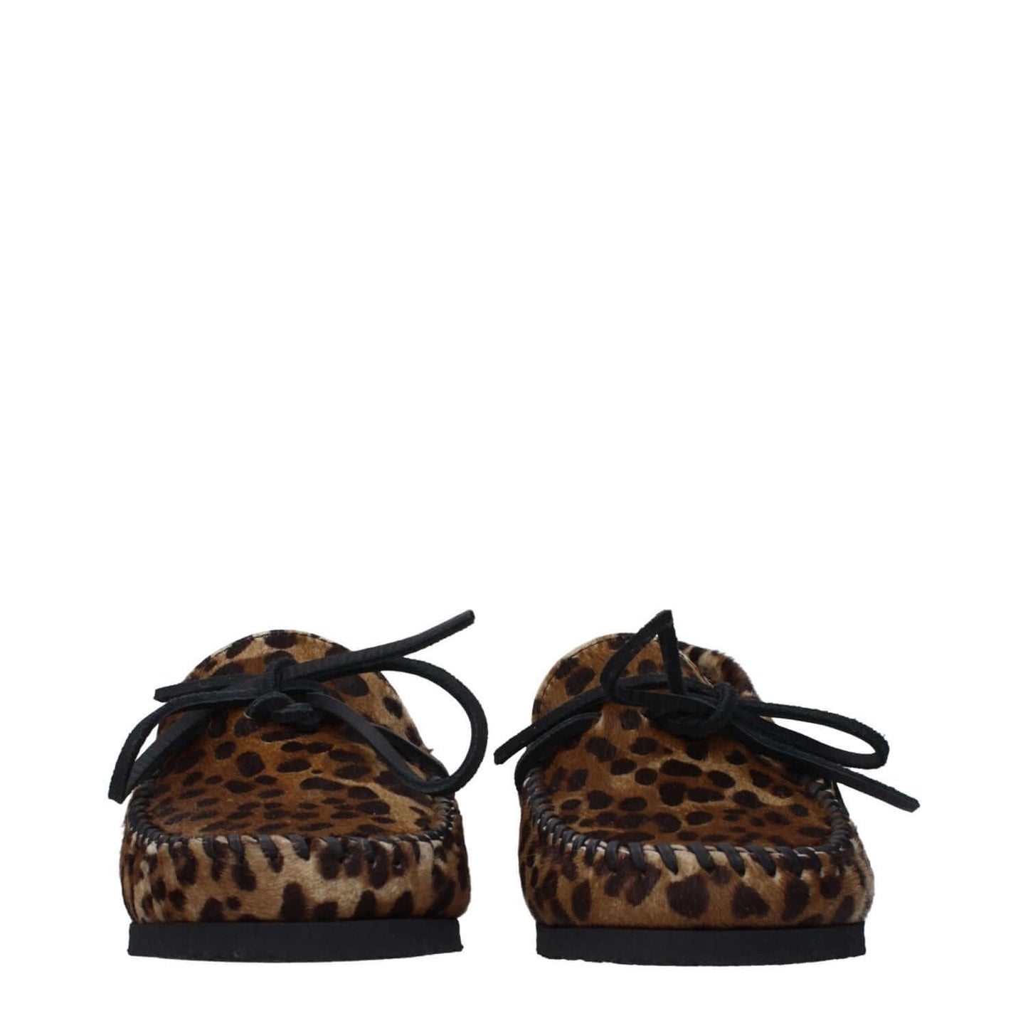 Isabel Marant Brown Horsehair Slip-On Loafers with leopard pattern, low flat heel, and rubber sole, front view showcasing round toe design.