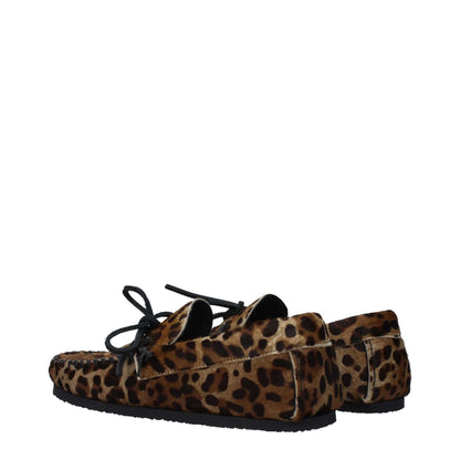 Isabel Marant Brown Horsehair Slip-On Loafers with leopard pattern, rubber sole, and round toe, showing back and side view.