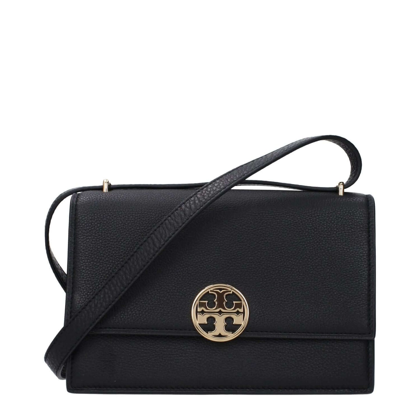 Tory Burch Black Leather Crossbody Bag with gold logo, adjustable strap, and button closure.