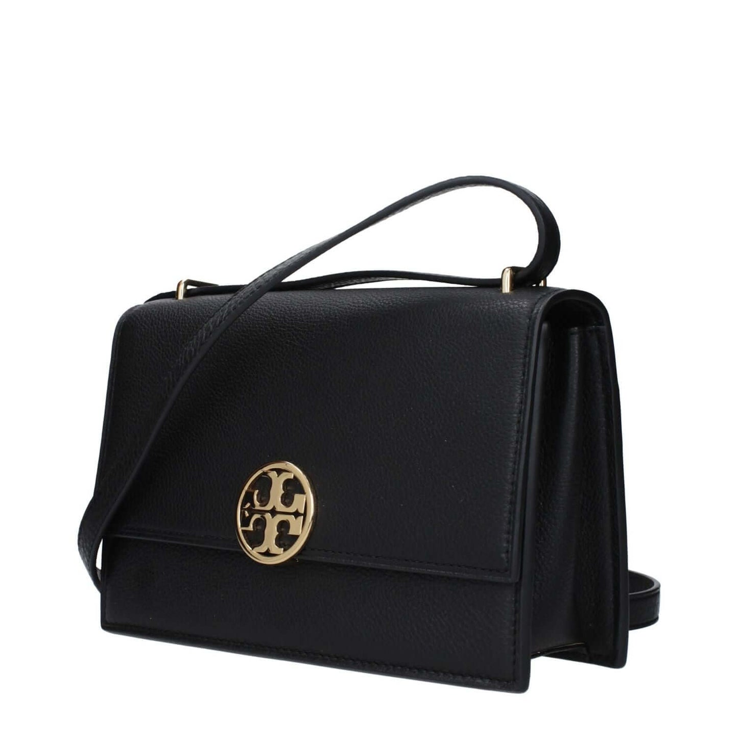 Tory Burch Black Leather Crossbody Bag with gold logo and adjustable shoulder strap, medium size with button closure.