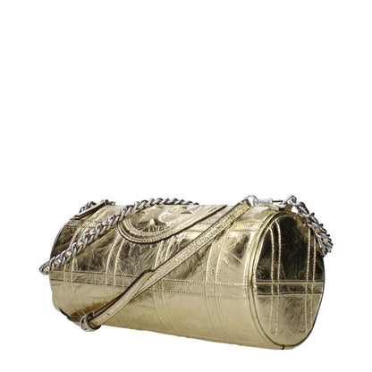 Tory Burch Gold Leather Shoulder Bag with metallic effect and adjustable strap, featuring a front logo and zip closure.