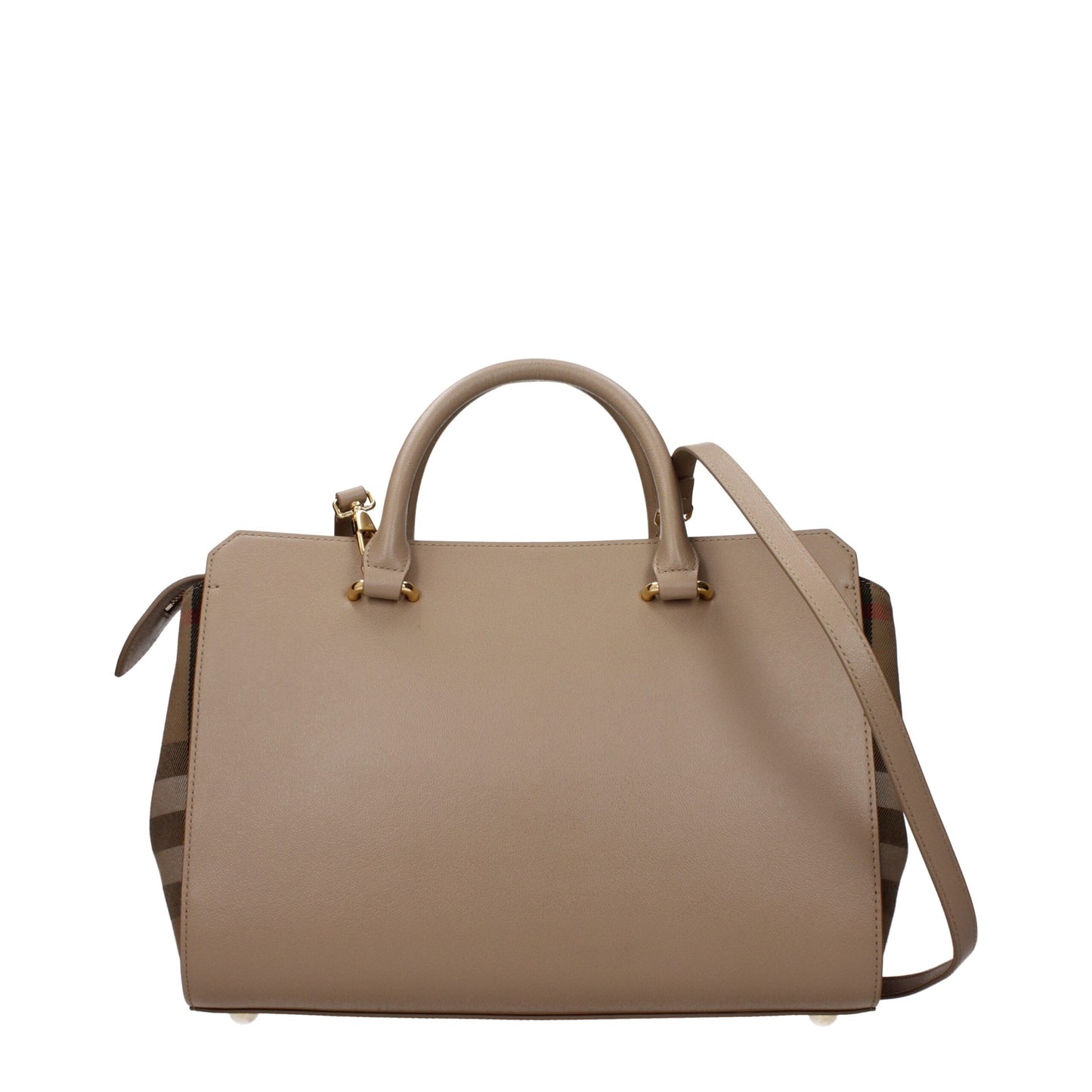 Burberry Beige Leather Handbag with adjustable and removable strap, front logo, and zip closure, small size with chestnut accents.
