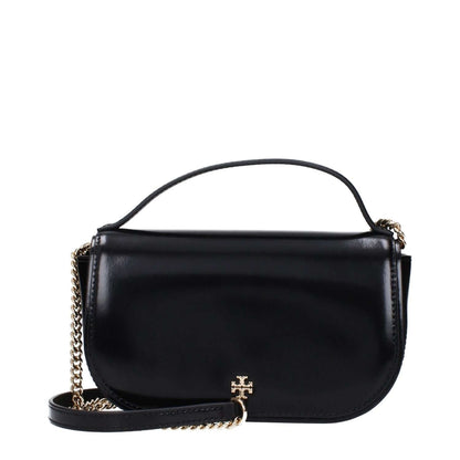 Tory Burch Black Leather Handbag featuring gold chain, front logo, adjustable and removable shoulder strap, designed for style and versatility.