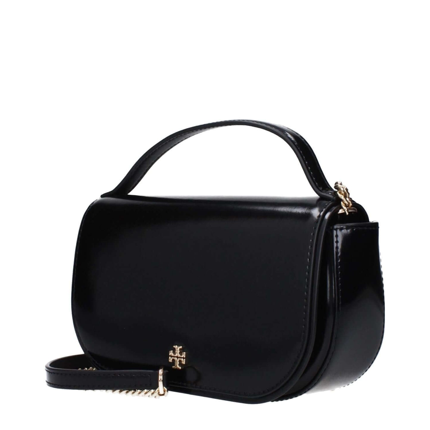 Tory Burch Black Leather Handbag with front logo, adjustable and removable shoulder strap, sleek design.