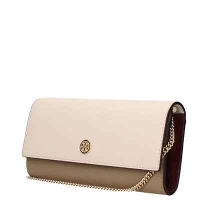 Tory Burch Beige Leather Clutch Bag with front logo and removable shoulder strap