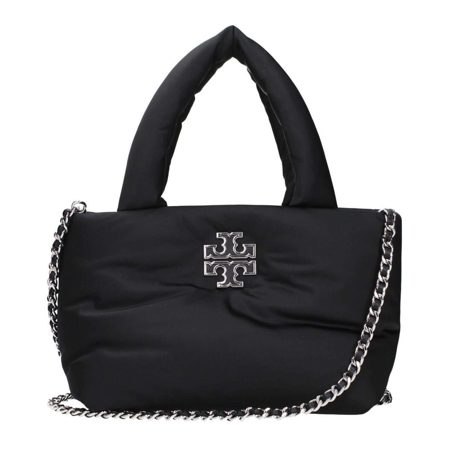 Tory Burch Black Fabric Handbag with logo and chain strap, showcasing elegance and functionality.
