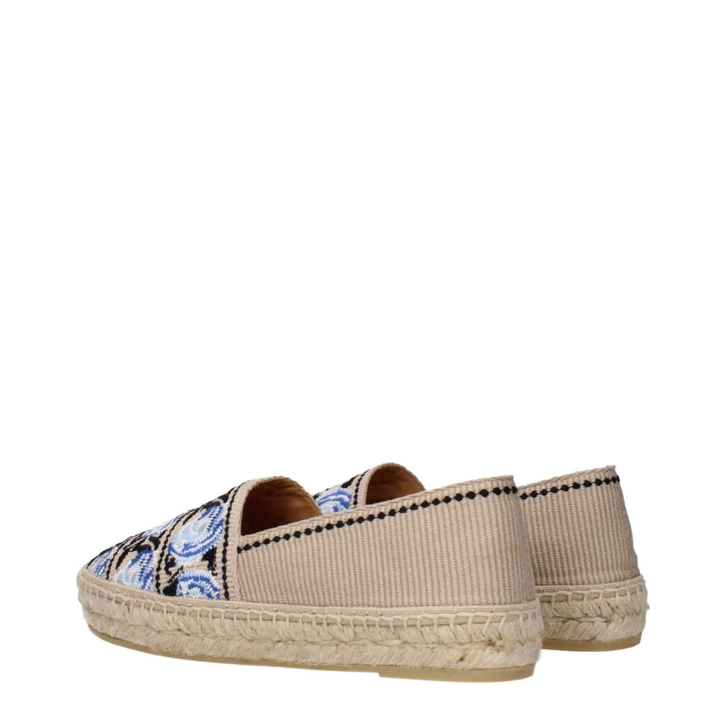 Prada Beige Fabric Espadrilles with blue and black print, side view showcasing the lightweight beige design for summer fashion.
