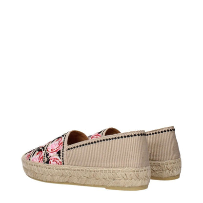 Prada Beige Fabric Espadrilles with floral print, side view showcasing intricate design and beige color.