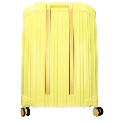 Piquadro Yellow Polycarbonate Luggage And Travel with TSA closure, adjustable handle, and front logo.