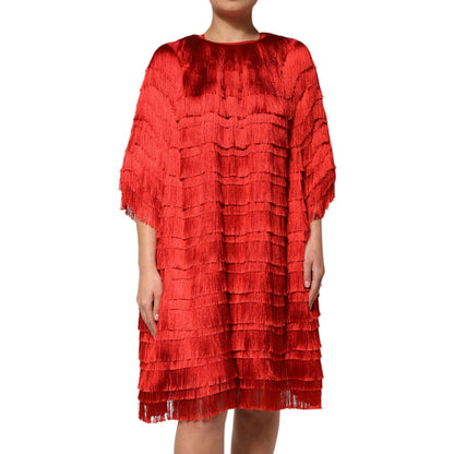 Dolce & Gabbana Red Silk Tiers Fringe Shift Knee Length Dress