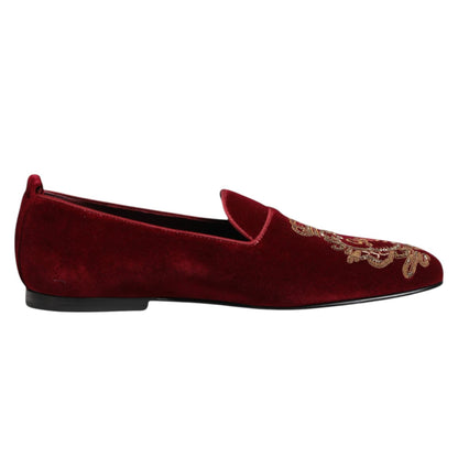 Dolce & Gabbana Red Velvet Gold Crown Mens Loafers Shoes