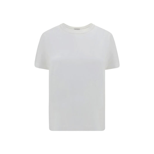Brunello Cucinelli White Cotton T-Shirt with ribbed crew neck and jewel detail back, offering a luxurious and versatile design.