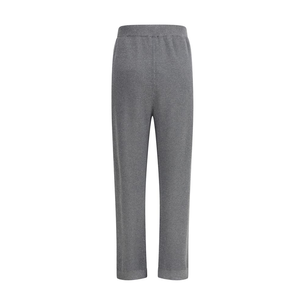 Brunello Cucinelli Gray Cotton Casual Pants with ribbed design and elastic waistband, featuring silver thread embellishments, two welt pockets.