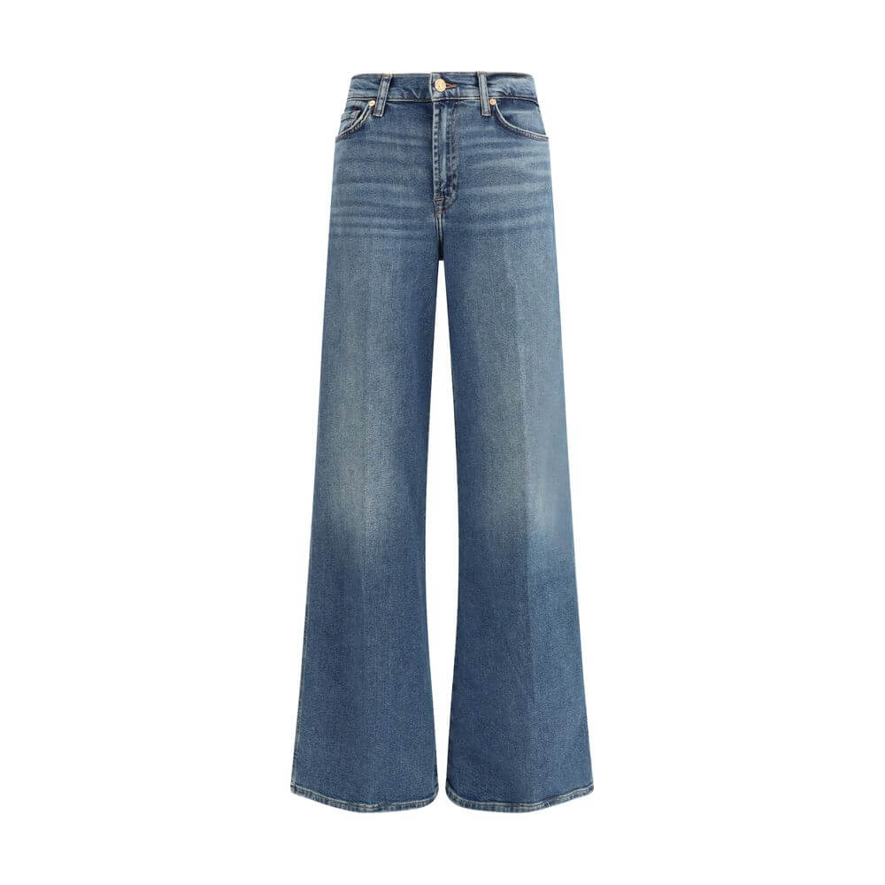 7FOR Blue Cotton Flared Jeans with vintage style, wide leg and high waist, made from Luxe Vintage denim. Perfect retro aesthetic for AW25.