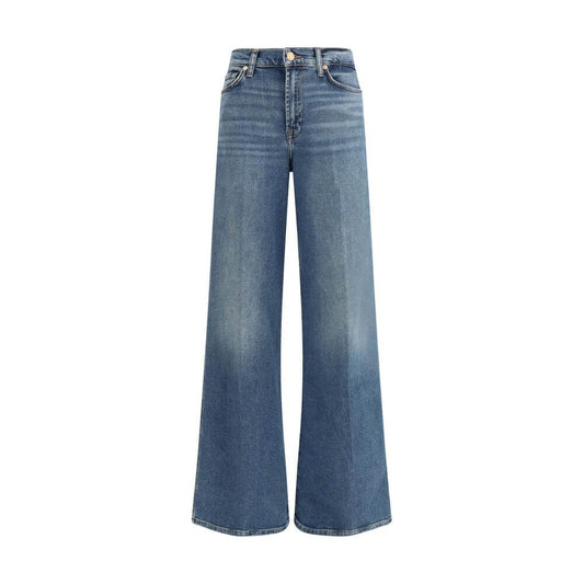 7FOR Blue Cotton Flared Jeans with high waist and wide leg design in Luxe Vintage denim for a 1970s aesthetic.