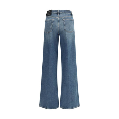 Back view of 7FOR Blue Cotton Flared Jeans with vintage-inspired wide leg and high waist, showcasing classic denim style.