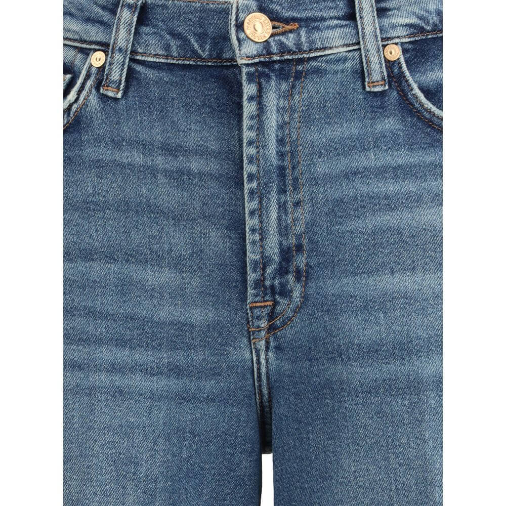 Close-up of 7FOR Blue Cotton Flared Jeans with vintage 1970s style, high waist, and classic five-pocket design.