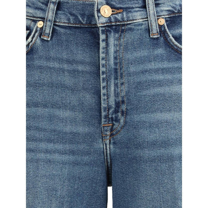 Close-up of 7FOR Blue Cotton Flared Jeans with vintage 1970s style, high waist, and classic five-pocket design.