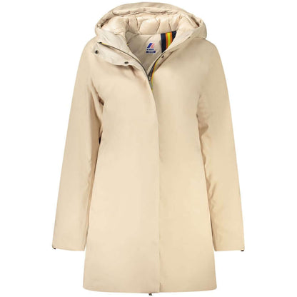 K-WAY Beige Polyester Jackets & Coat, long sleeve trench with hood, padded, features zip, buttons, logo, external and internal pockets.