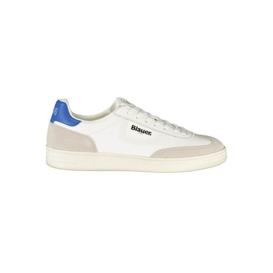 Blauer White Leather Men Sneaker with blue accents and logo, side profile view