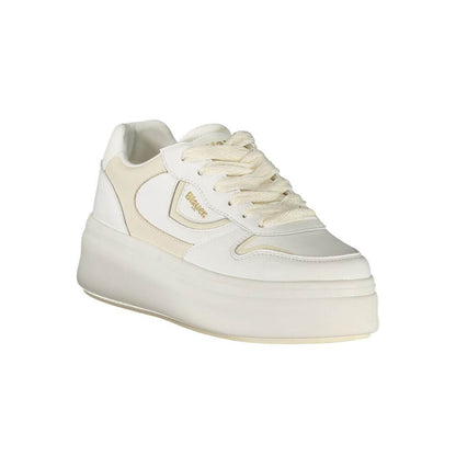 Alt Tag: Blauer White Leather Women Sneaker with contrasting details and removable insole, featuring brand logo and extra laces.