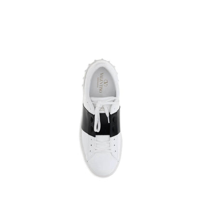 Top view of Valentino Garavani White Calf Leather Bos Taurus Low Top Sneakers with black band and studs on heel.
