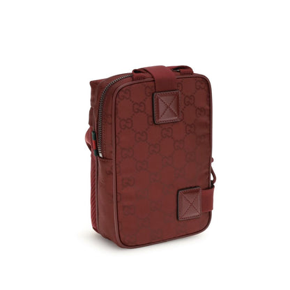 Gucci Bordeaux Polyamide Shoulder Bag with GG nylon, green and red webbing, featuring tone-on-tone logo and mesh detail.