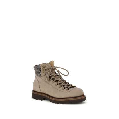 Brunello Cucinelli Beige Calf Leather Bos Taurus Lace-Up Boots with metal eyelets and two-tone laces, side view on white background.