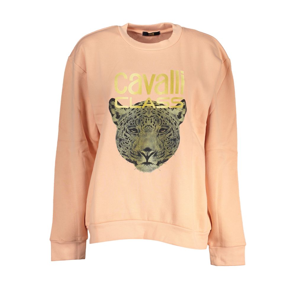 Cavalli Class Pink Cotton Women Sweater with bold logo and leopard print design, crafted in Italy, stylish and comfortable long-sleeve top.
