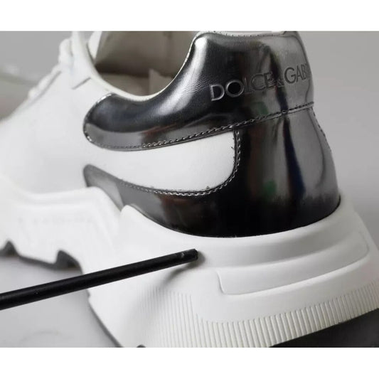 Dolce & Gabbana White Silver Leather Sport DAYMASTER Sneakers with logo details and light miscoloration on heel, exclusive design.