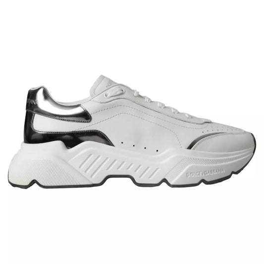 Dolce & Gabbana White Silver Leather Sport DAYMASTER Sneakers, exclusive Italian design with rubber soles and logo details.