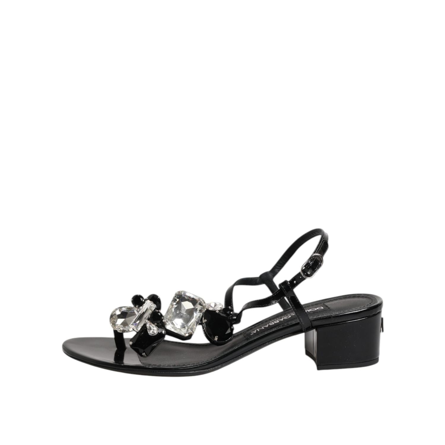 Dolce & Gabbana Black Leather Crystal Ankle Strap Sandals Shoes