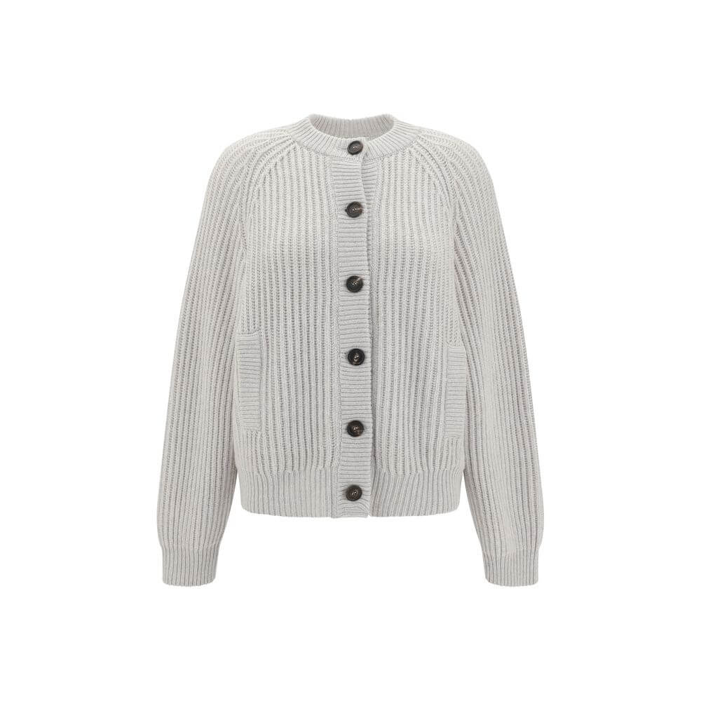 Brunello Cucinelli White Cashmere Cardigan with raglan sleeves, contrasting buttons, and ribbed weave, showcasing elegance and comfort.