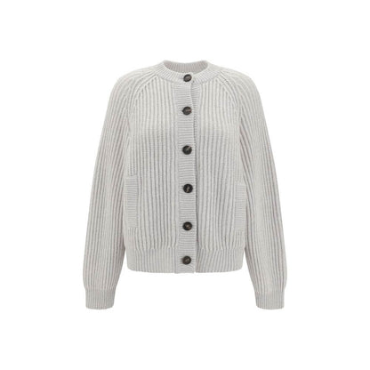 Brunello Cucinelli White Cashmere Cardigan with raglan sleeves, contrasting buttons, and ribbed weave, showcasing elegance and comfort.