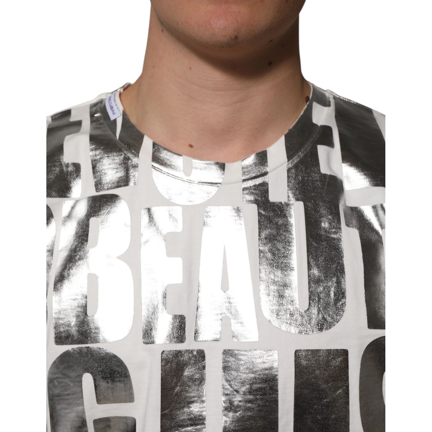 Dolce & Gabbana White Cotton Silver Metallic Slogan Print T-shirt