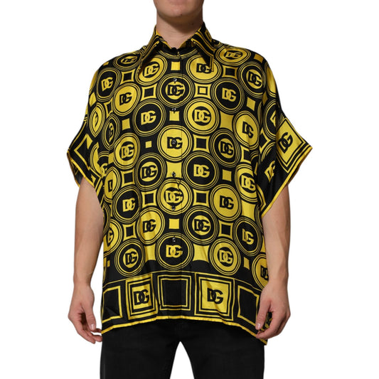 Dolce & Gabbana Yellow Silk Silver DG Logo Geometric T-shirt