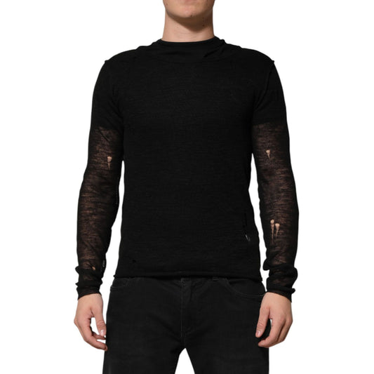 Dolce & Gabbana Black Linen Mesh Tattered Longsleeves T-shirt
